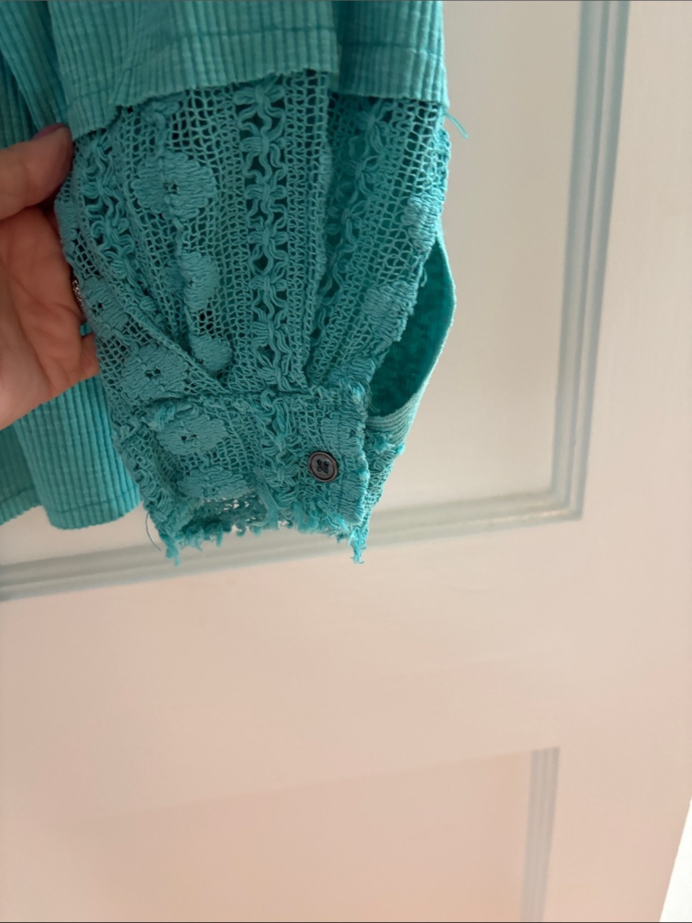 POL Turquoise Crochet-Pocket Button-Front Top - Picture 6 of 7
